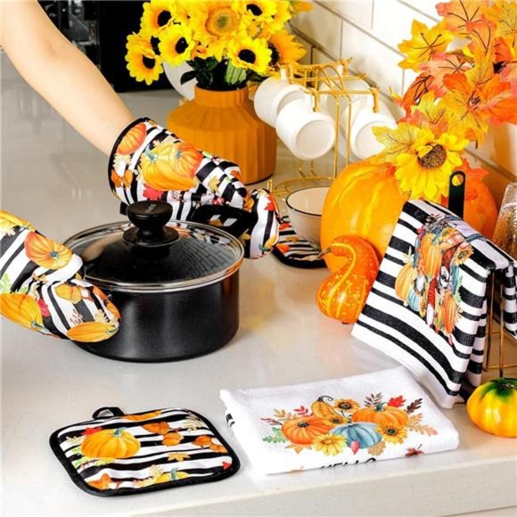 6 Pcs Pumpkin Oven Mitts and Kitchen Towel Sets Thanksgiving Decor - Picture 5 of 6